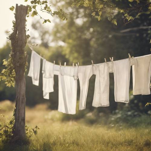 Rural vintage washing line with white linens fluttering in a gentle breeze.