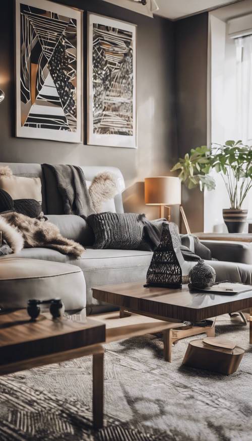 Ein geschmackvoll eingerichtetes Wohnzimmer in einer Stadtwohnung mit minimalistischem Dekor und auffälligen geometrischen Mustern.