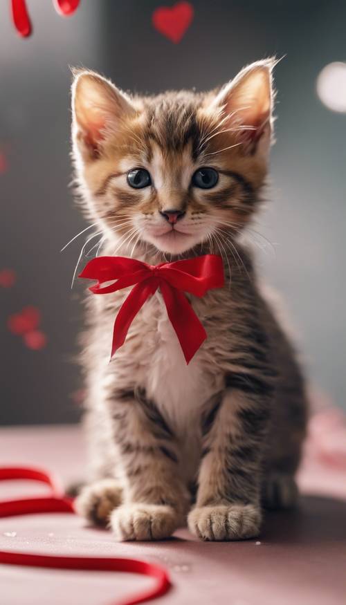 Valentine's Day scene in an animal shelter where a cute kitten with a red ribbon around its neck is being adopted by a child.