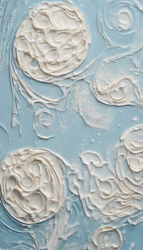 An abstract painting featuring a cream pattern on a soft blue background