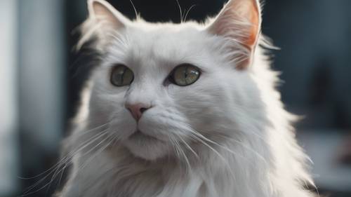 Um close-up de um gato branco, com suas longas feições felinas acentuadas pelo contraste, olhando intensamente para a câmera na escuridão.