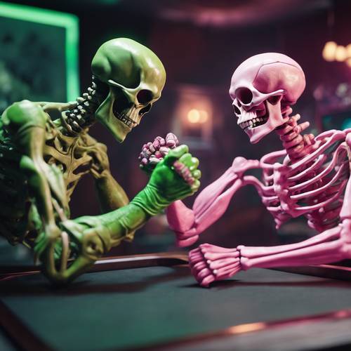 Pink skeleton arm wrestling with a green alien in a dingy space bar.