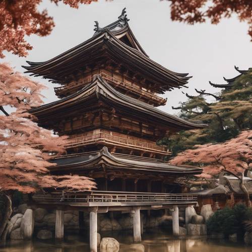 Architecture japonaise en bois avec des sculptures complexes et complexes.