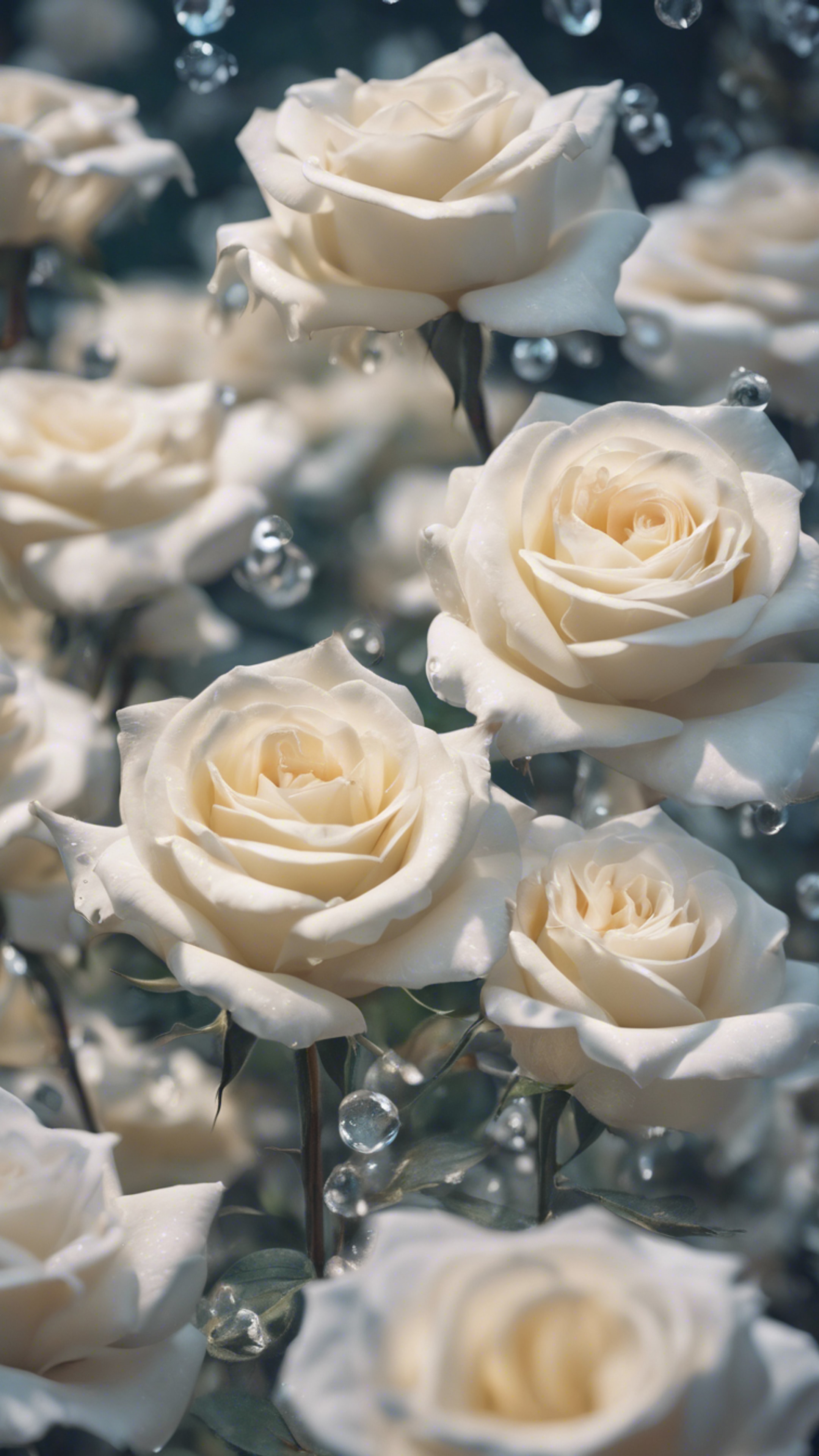 An abstract interpretation of white roses materialized within a vivid dreamscape, bathed in an ethereal light. Wallpaper[6a5484765abf4db78452]