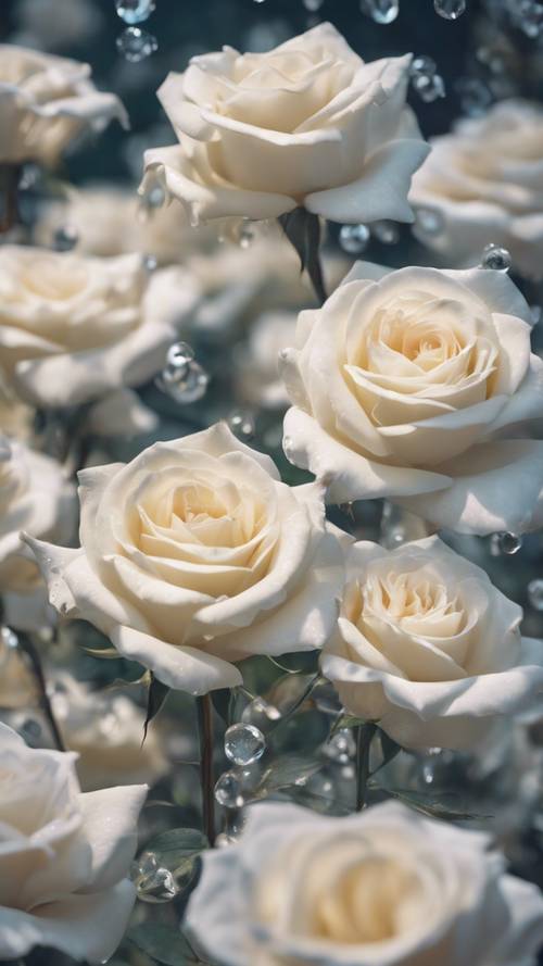 Interpretasi abstrak dari mawar putih terwujud dalam alam mimpi yang hidup, bermandikan cahaya halus.