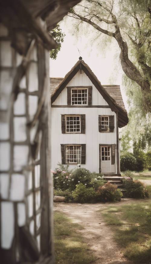 A quaint little country cottage with white plaid curtains fluttering in the breeze. Тапет [2d765e96698043ba9dd0]