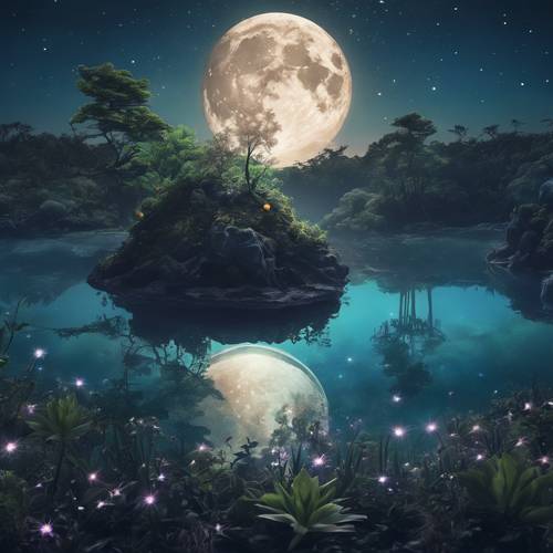 Una isla de ensueño iluminada por la luna, con plantas bioluminiscentes que iluminan el bosque y un cielo estrellado arriba.