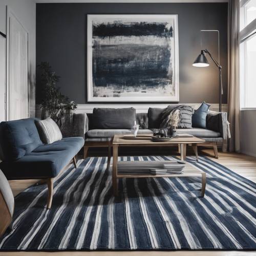Interior de una sala de estar moderna con una alfombra a rayas azul marino y muebles de color gris carbón.