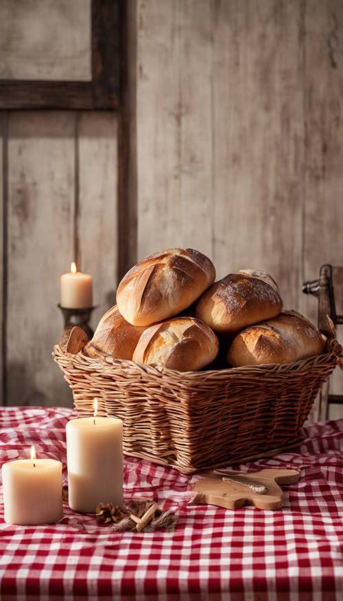 A rustic wooden table covered by a red and white checkered tablecloth, a basket of fresh bread and lit candles on top.