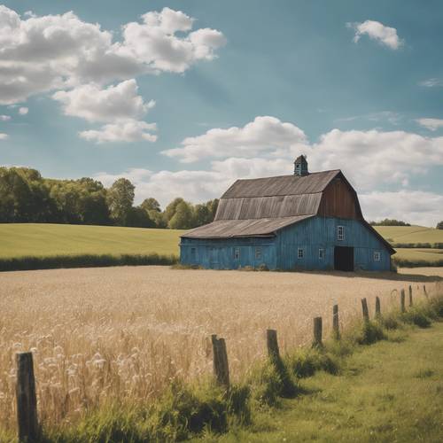 A captivating cool paint of a rustic countryside barn amidst sprawling fields under a clear blue sky.