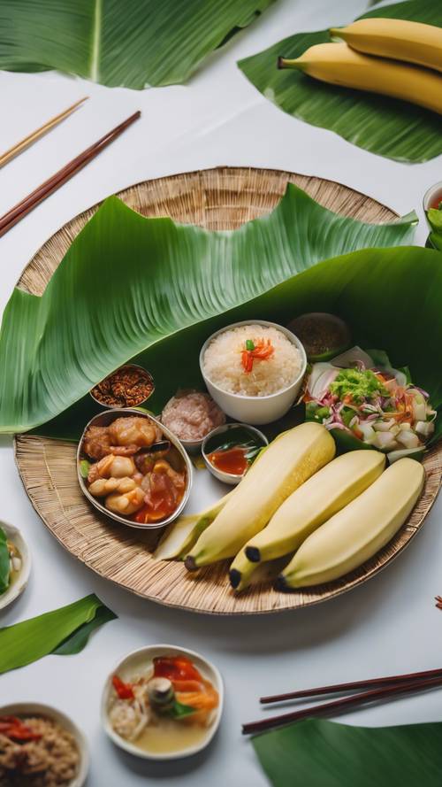 A banana leaf meticulously folded into a traditional Asian meal plate, filled with colorful food.