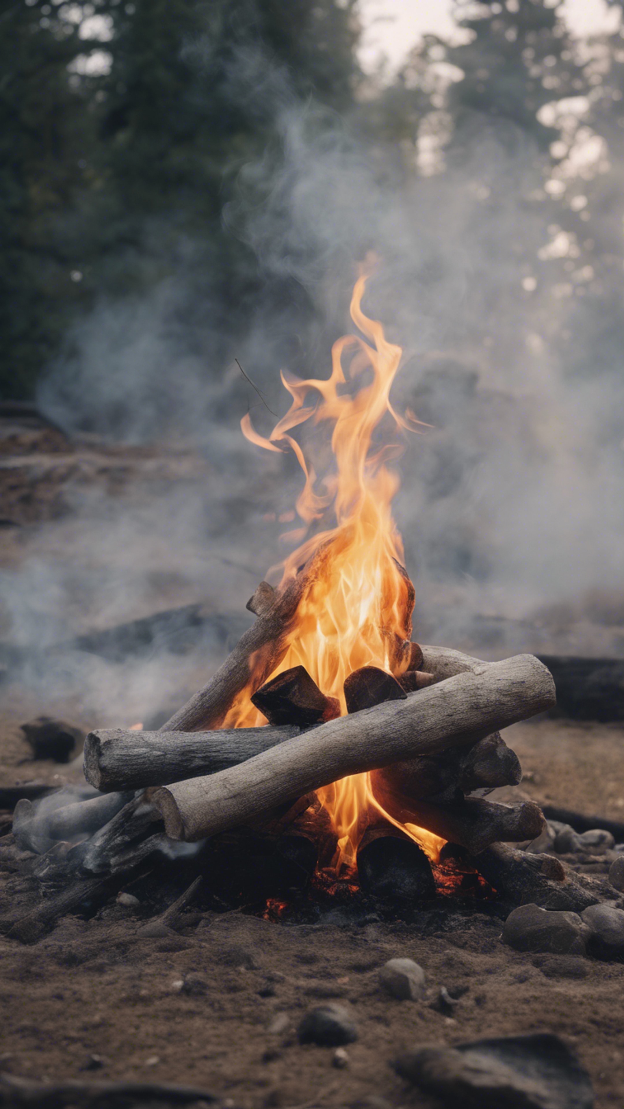 Grey smoke gently rising from an extinguished campfire at dawn.壁紙[4606284c8b7f47d8923e]