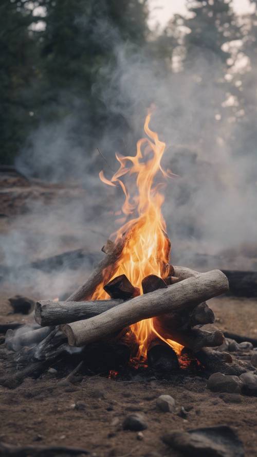 Grey smoke gently rising from an extinguished campfire at dawn.