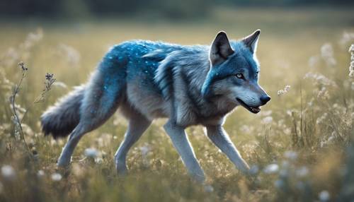 Cartoon image of a blue wolf playfully chasing its tail in a meadow. Wallpaper [b1c603f7dea84405a440]