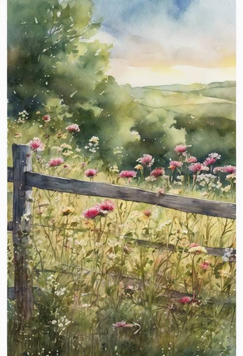 A rustic watercolor illustration of wildflowers meandering up a country fence.