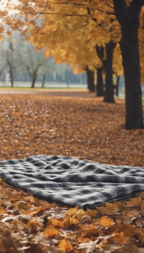 An empty gray plaid picnic blanket on a peaceful park with autumn leaves.