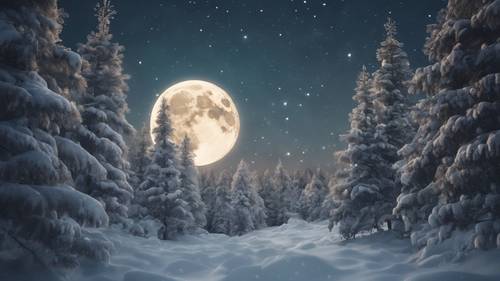Uma floresta de pinheiros nevados sob o feixe de luz da lua cheia.