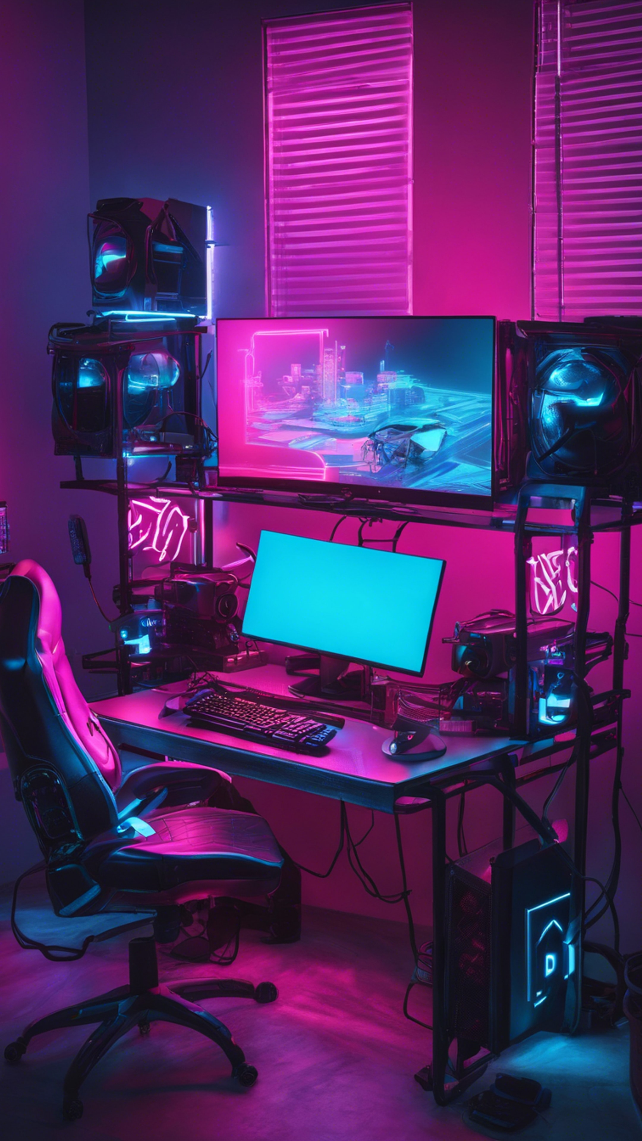 A neon blue gaming setup with a high-end PC, LED keyboard and a gaming monitor. Ფონი[173ea11d79a5456c932c]