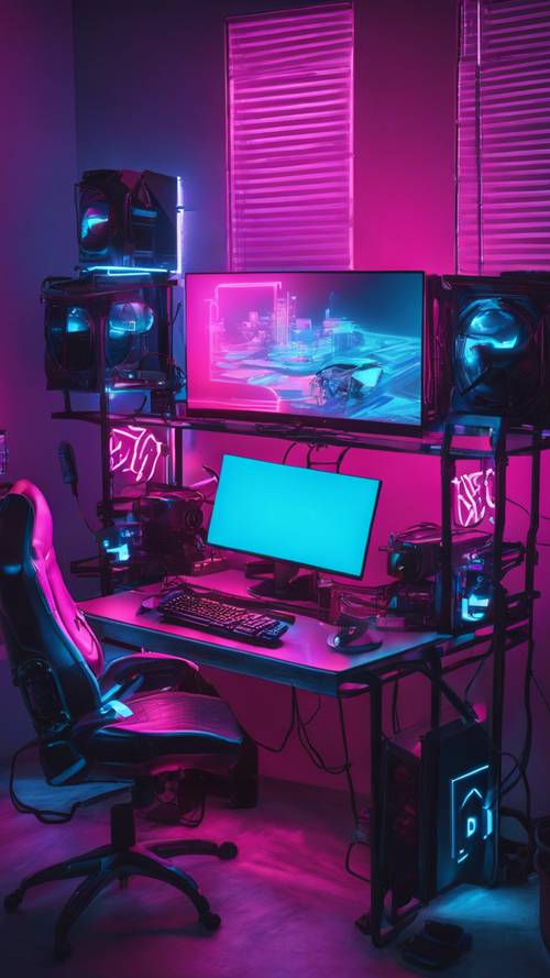 A neon blue gaming setup with a high-end PC, LED keyboard and a gaming monitor.