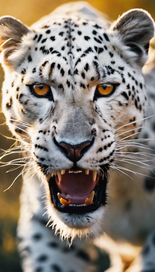A close-up view of a fierce white leopard, amber eyes gleaming, stalking its prey at dusk. Wallpaper [4820aac0bae24bf0b5f6]