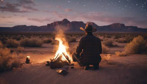 A lonely cowboy sitting by a campfire under the stars in the Utah desert