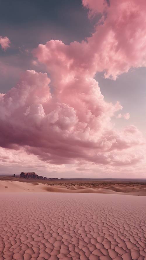 سماء متسامية مليئة بعرض هادئ للسحب الوردية والبيضاء فوق صحراء فارغة.