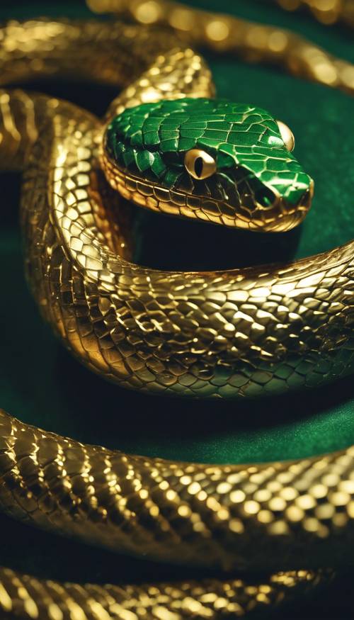 A shiny gold snake coiled around an emerald