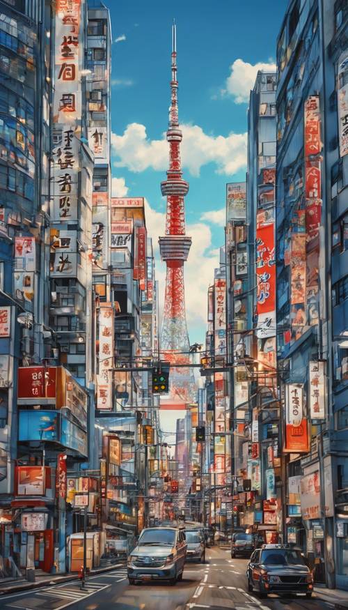 A digital painting of Tokyo city under a clear blue sky.