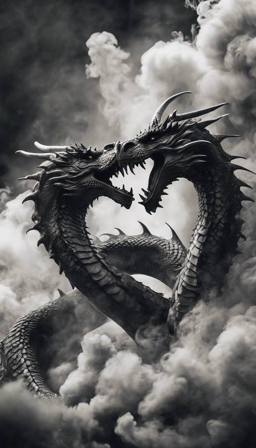 Eine wirbelnde Mischung aus schwarzem und weißem Rauch, die das Bild zweier kämpfender Drachen bildet.