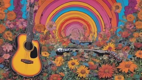 Психоделическая обложка альбома 70-х с кружащимися цветами и гитарами.