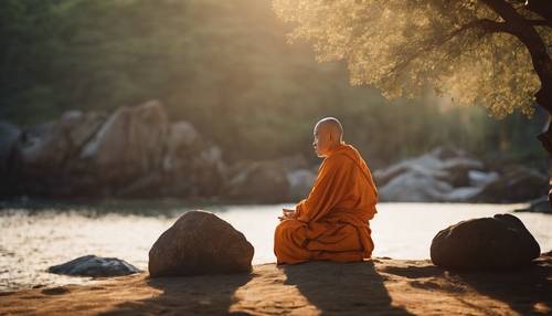 Ein Zen-Mönch in Meditation, sein Gesicht wird von der aufgehenden Sonne beleuchtet.