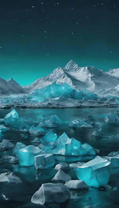 Un paisaje de glaciares geométricos en color verde azulado durante una noche iluminada por la luna.