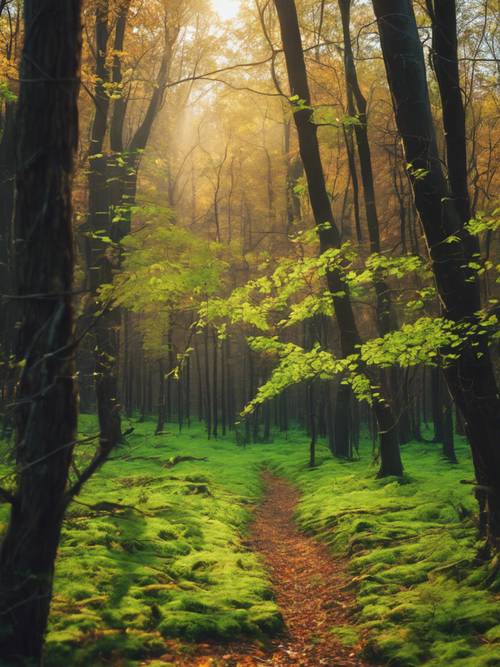 一张沐浴在凉爽的霓虹绿秋日阳光中的森林风景照。
