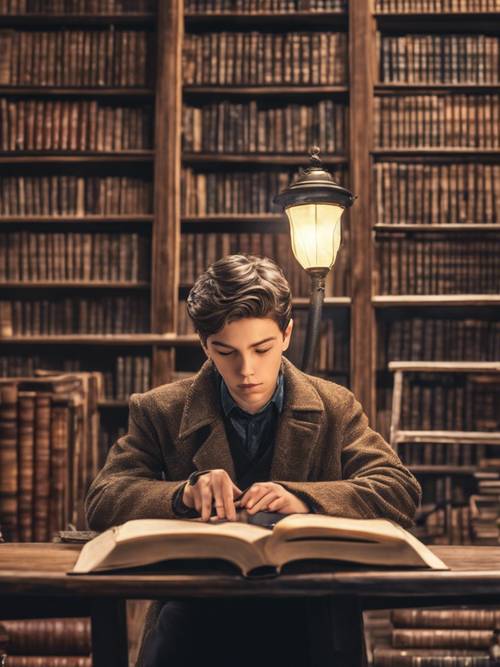 A cool boy reading a mystery novel in a library, a vintage Sherlock Holmes style street lamp spilling soft light on his furrowed brows.