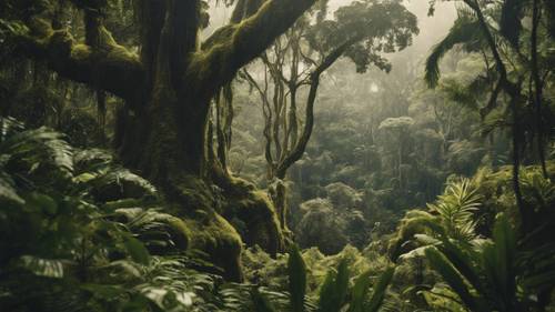 Tropikalna dżungla z wysokimi, pokrytymi mchem drzewami i intrygującą przyrodą wyglądającą przez liście.