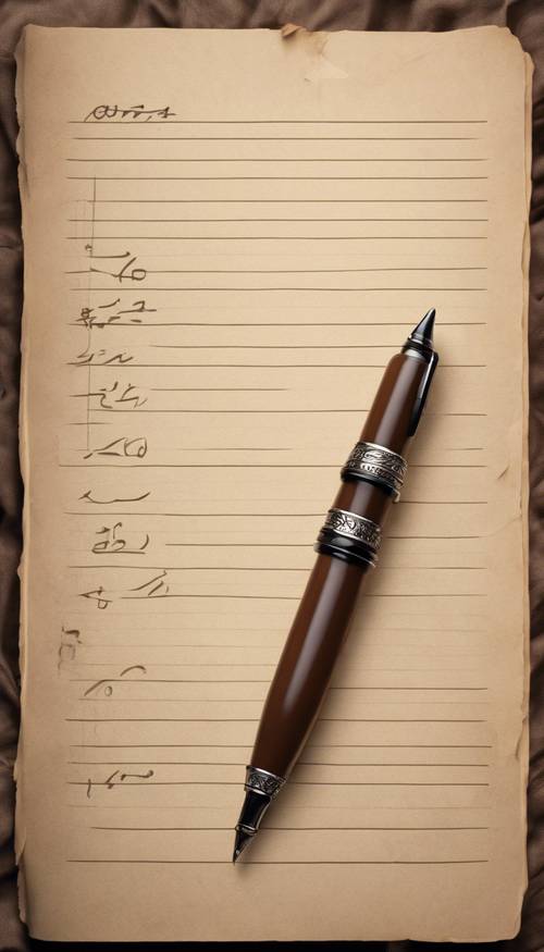 A brown paper notebook, open on a blank page with a vintage fountain pen.