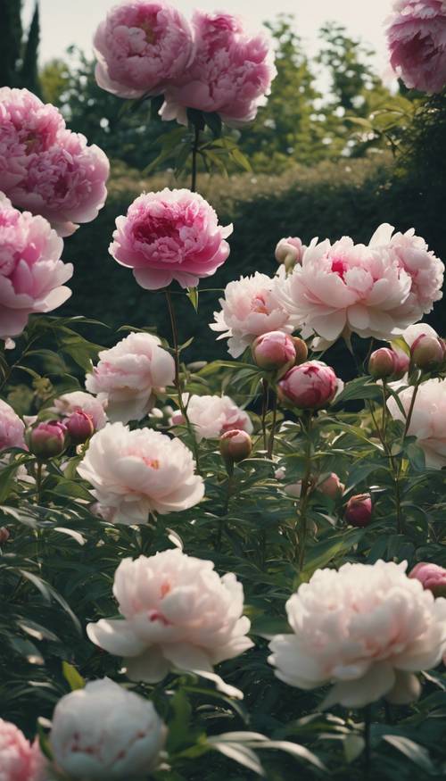 Lush beds of vintage peonies blooming in an old, forgotten garden. Tapeta [f1de54fd220943e2b331]