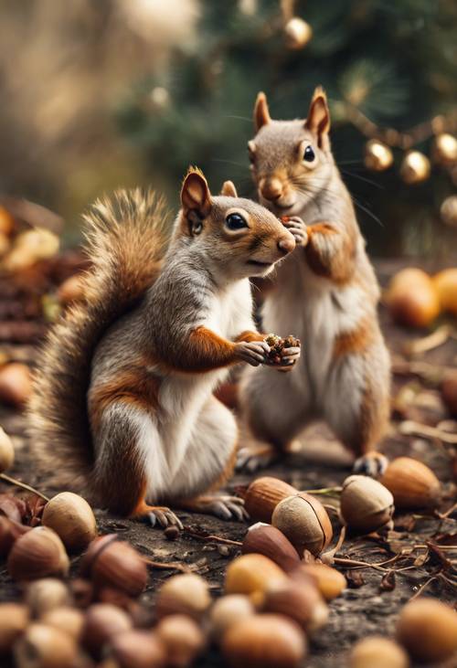 A boisterous family of squirrels toasting with acorns to welcome the New Year.