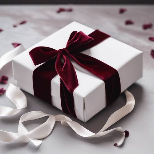 A burgundy velvet ribbon elegantly tied around a white gift box. Tapet [3e66368be42c4a5fafa0]