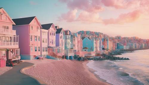 مدينة باستيل على البحر، بها مباني ذات ألوان حلوى القطن تصطف على طول الشاطئ المضاء بنور الشمس.