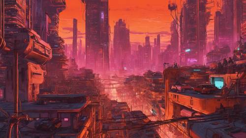 Una visione sorprendente di una metropoli cyberpunk sovraffollata sotto un cielo arancione intenso.