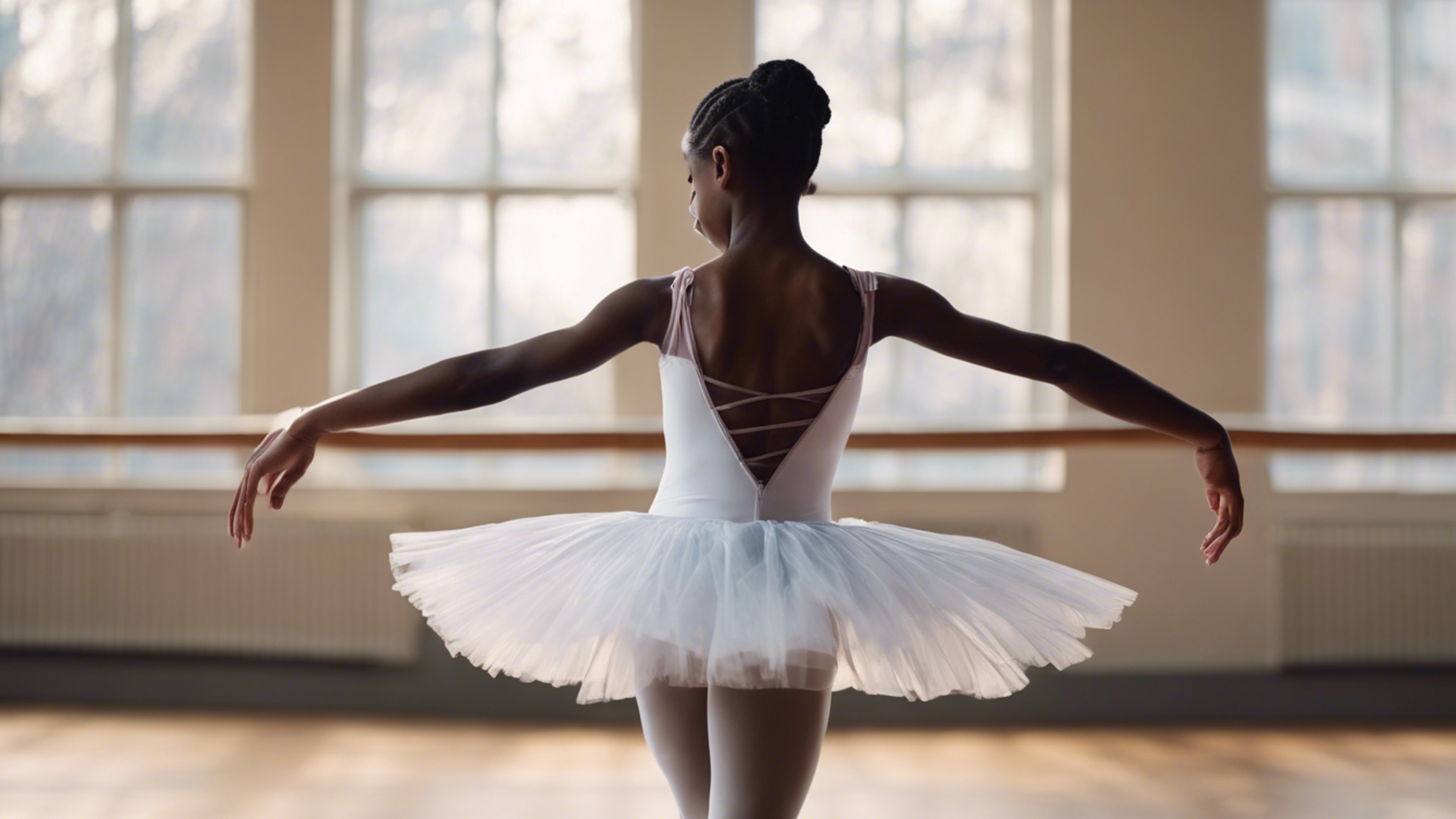 A young black girl practicing ballet in a beautiful satin tutu. Papel de parede[c9fc18550cde4bfca1b8]
