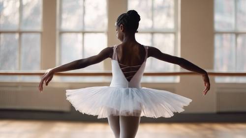 Молодая чернокожая девушка занимается балетом в красивой атласной пачке.