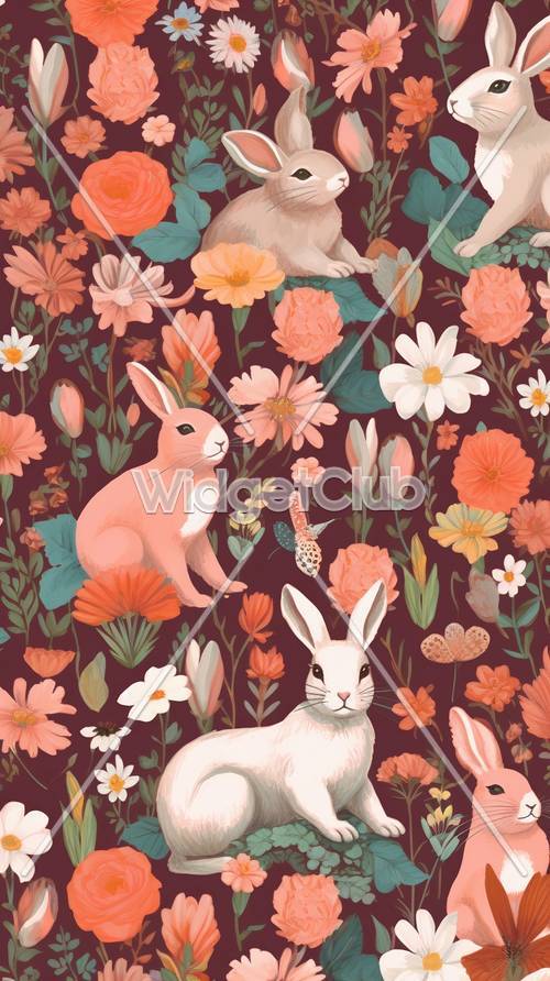 五颜六色的花朵和可爱的兔子图案