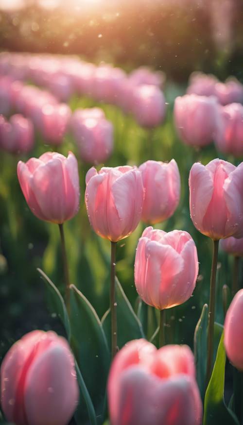 Tulip merah muda lembut yang baru mekar di taman hijau subur saat fajar menyingsing, embun menyinari kelopaknya.