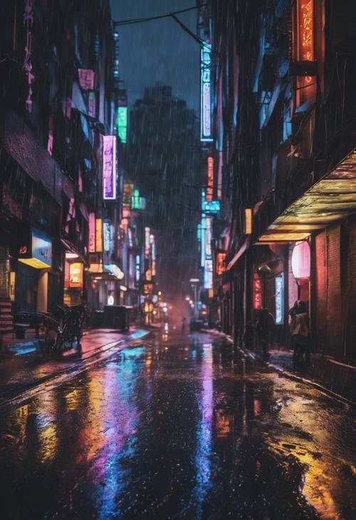 Una strada cittadina bagnata dalla pioggia, pavimentata in cemento nero, che riflette le luci al neon degli edifici circostanti.