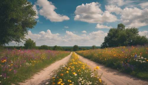 A vibrant country road adorned with colorful wildflowers on either side leading towards the horizon under a clear summer sky.