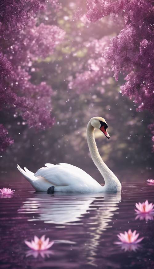 一只美丽的天鹅在湖中优雅地游泳，湖中有粉红色的百合花和漂浮的紫色花瓣。