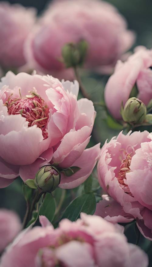 Un motif floral détaillé mettant en vedette de délicats bourgeons de pivoines roses qui commencent tout juste à se déployer.