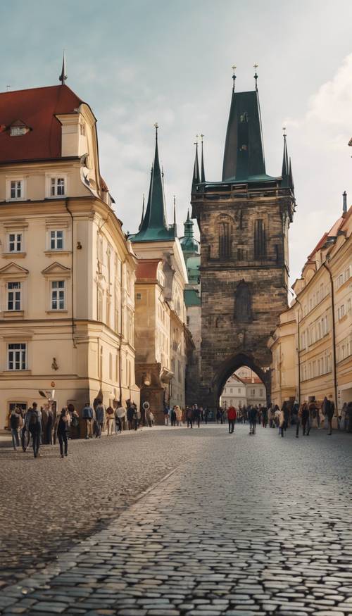 Prague Castle on a sunny afternoon, bustling with tourists exploring the captivating Grothic structure.